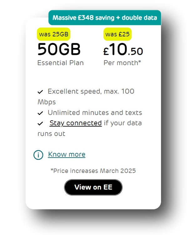 EE 50GB Data SIM Only Now Just £10.50 a month
